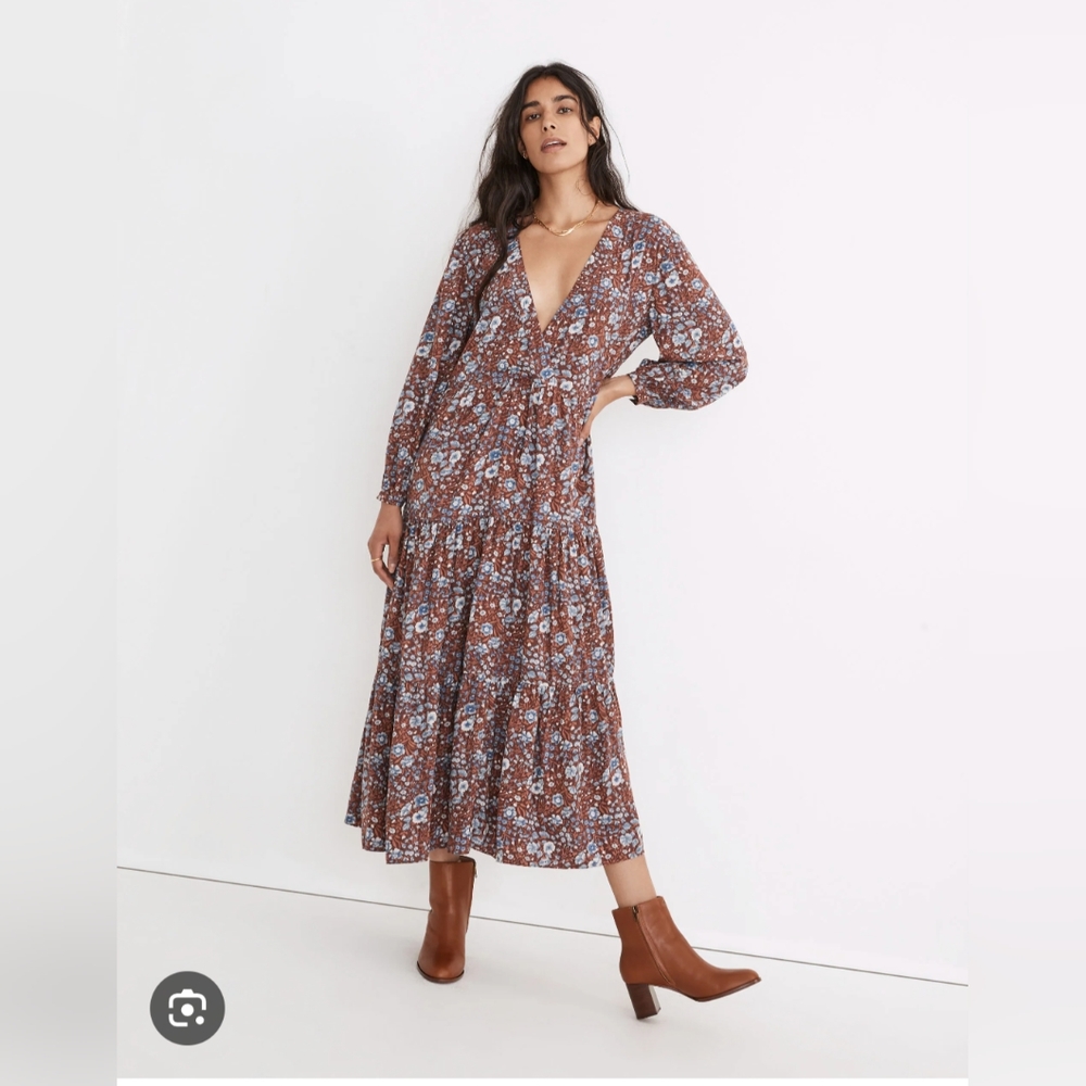 Madewell Challis Wrap Midi Dress - blue and brown floral - size S